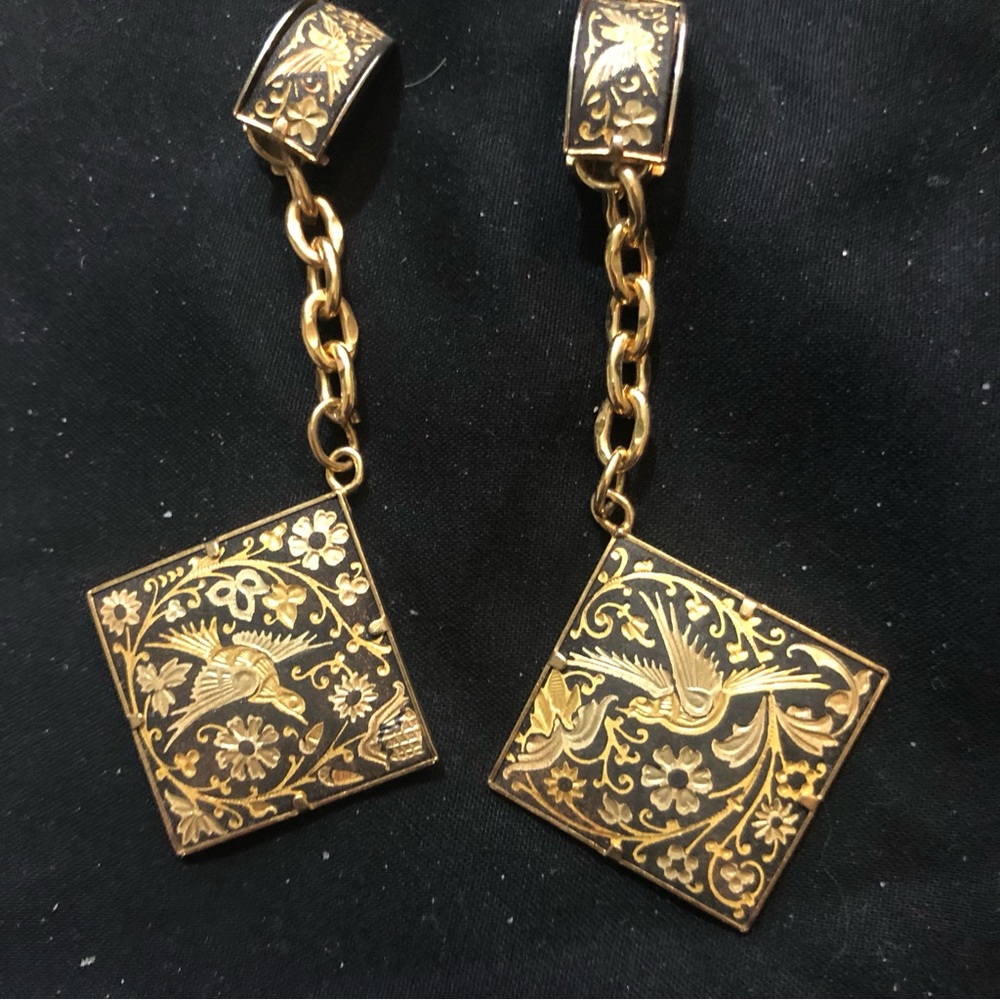 Vintage Damascene Spanish Clip Earrings Birds Etched Dangle Gorgeous Statement